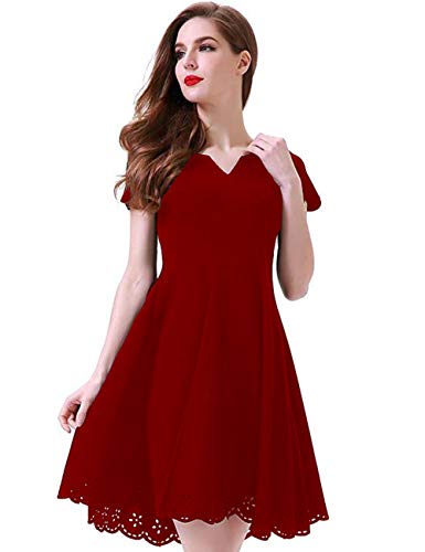 Aphratti Women's Cute Henley V Neck Short Sleeve Hollow Out Casual Skater Dress Large Red