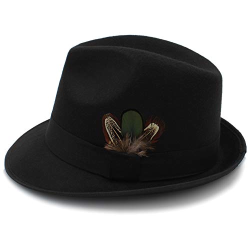 Fedora Hat, Men Vintage Wool Felt Fedora Hats With feather Autumn Winter Wide Brim Gentleman Jazz, by jdon-hats, (Color : Black, Size : 56-58cm)