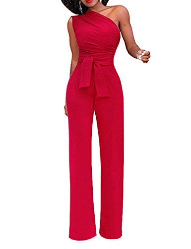 VLUNT Women's Sexy One Shoulder Jumpsuits Belted Wide Leg Long Romper Pants