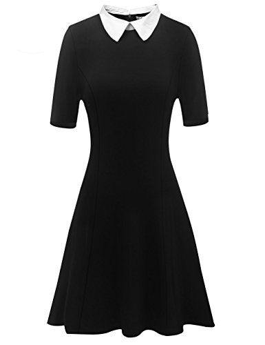 Aphratti Women s Short Sleeve Casual Peter Pan Collar Flare Dress Black Small