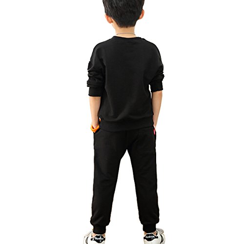 OnlyAngel Kids Boys Two Striped Printed Sweatsuits Crew Neck Top and Elastic Waist Pant Clothing Sets Age 4-12 (9-10 Years, Black) - Thumbnail 3