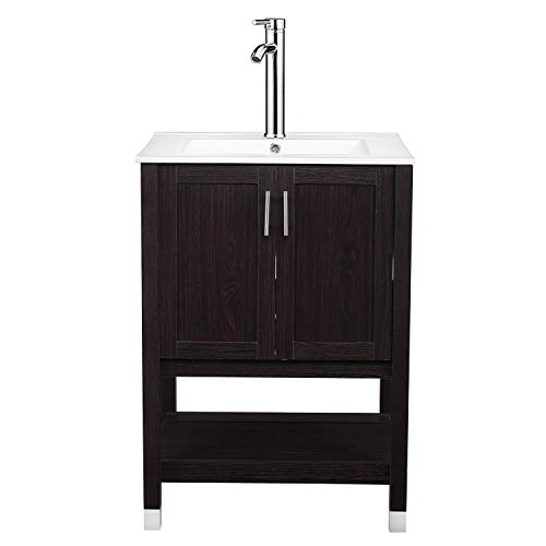 24" Modern MDF Bathroom Vanity And Sink Combo Stand Cabinet with Vanity Mirror,Vessel Sink with Faucet Hole and Pop Up Drain,Espresso Wood Vanity Units