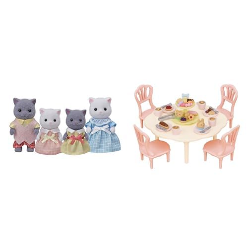 Calico Critters Persian Cat Family Set of 4 Collectible Dolls & Sweets Party Set with 30 Teatime Accessories