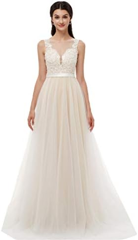 Ikerenwedding Women's V-Neck A-line Lace Tulle Long Beach Wedding Dresses for Bride