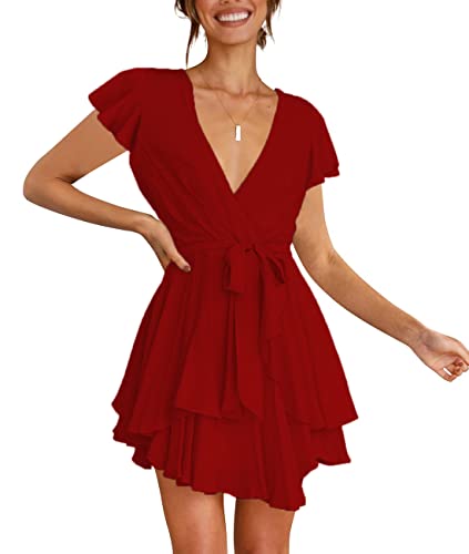 FLYBONY WOMENS SHORT SLEEVE V NECK DRESS TIE WAIST RUFFLE MINI SWING SKATER DRESSES WINE RED