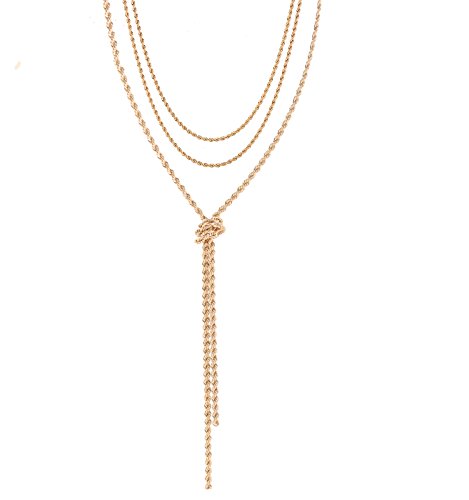 VOGUEKNOCK Multi Layers Necklace Double Rows Twist Chain Choke with Long Y Knotted Necklace 1 set-Triple Ways Using (gold)