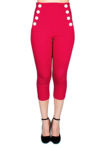 Sidecca Retro 8 Button High Waist Sailor Nautical Capri Pant-Red-Medium