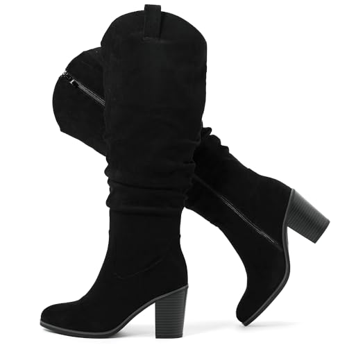 Photo 1 of Luoika Women's Extra Wide Calf Cowboy Knee High Boots, Wide Width Cowgirl Slouchy Boots Chunky Pump Heel Plus Size Western Boots.Black 230702 7.5XW