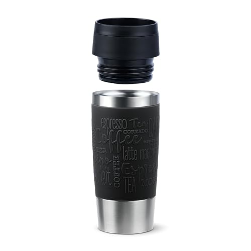 Emsa N20202 Travel Mug Classic Insulated Mug 0.36 litres Comfort Screw Cap Stainless Steel 4 Hours Hot and 8 Hours Cold 100% Leak-Proof Dishwasher Safe 360° Drinking Opening Black