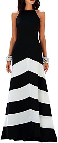 Fordbox Comfortable Women's Classy Halter Black White Striped Party Maxi Dress