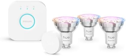Hue Essential Starter Kit: Hue Bridge + 3 lâmpadas LED inteligentes GU10 + Botão inteligente, Luz e Cores Brancas, regulável 2200-6500 K, Alexa comp. Assistente, Samsung SmartThings e Apple Home