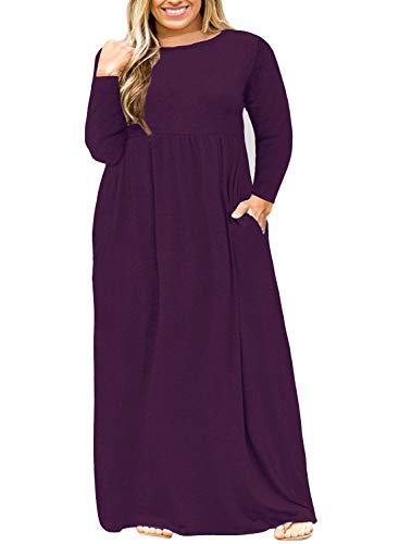 Nemidor Women Long Sleeve Loose Plain Casual Plus Size Long Maxi Dress with Pockets (Purple+Sleeve, 24W)