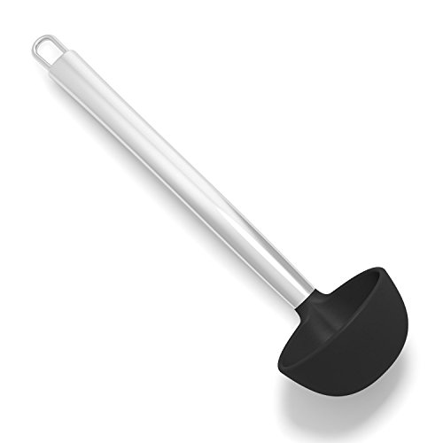 Silicone & Stainless Steel Black 4 Ounce Soup Ladle w/CoolGrip Handle & Flexedge Silicone by Cooler Kitchen (4 Oz)