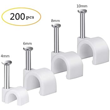Cable Wire Clips 4mm 6mm 8mm 10mm (Pack of 200) Cable Management RG6 RG59 CAT5 CAT6 RJ45 Electrical Ethernet Dish TV Speaker Wire Cord Tie Holder Single Coaxial Nail Clamps