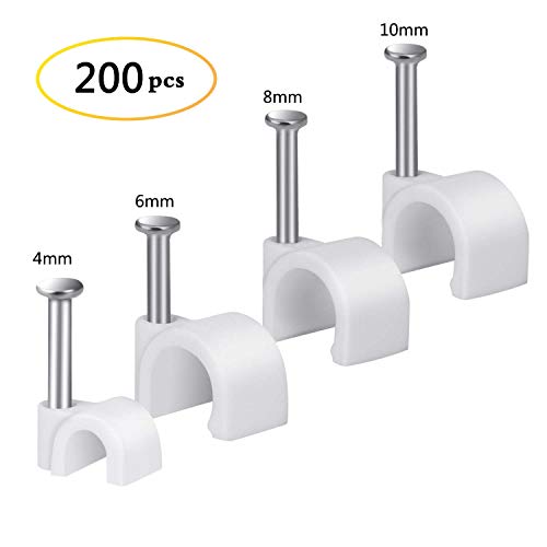 Cable Wire Clips 4mm 6mm 8mm 10mm (Pack of 200) Cable Management RG6 RG59 CAT5 CAT6 RJ45 Electrical Ethernet Dish TV Speaker Wire Cord Tie Holder Single Coaxial Nail Clamps
