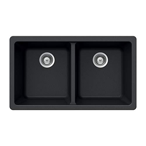 Houzer M-200U Midnite Quartztone Series Granite Undermount 50/50 Double Bowl Kitchen Sink, Black