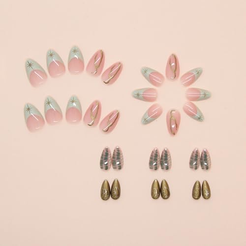 24 Pcs Fall Winter Press on Nails Short Almond - YEFIUO Pink Fake Nails Press ons Green French Nail Art Tip Full Cover Acrylic Glossy False Nails Glue on Nails Kit with Starburst Line Design for Women - Image 4