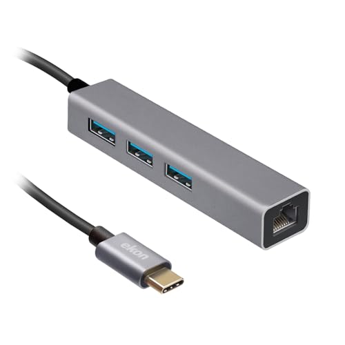 Ekon Ekon HUB Multiport 3 Ports USB-A 3.0 1 Port LAN Métal Câble USB-C pour PC, Ordinateur Portable, Souris, câbles de Chargement, claviers, clés USB, câbles réseau