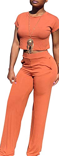 Women Solid O-Neck Short Sleeve Crop Tops High Wairst Flare Long Pants Jumpers 2 Piece Outfits