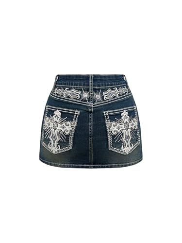 WDIRARA Women's Punk Goth Cross Embroidered Denim Mini Skirt Stretchy Low Rise Bodycon Jean Skirts Blue X-Large at Amazon