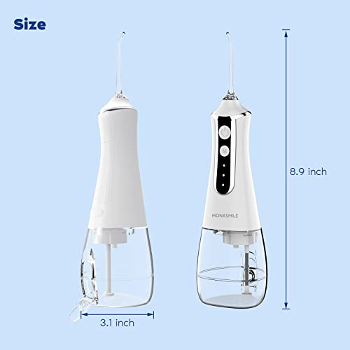 MonaSmile Water Dental Flosser Cordless- 3 Modes & IPX6 Waterproof & 5 Nozzles - 300ML Portable Oral Irrigator for Teeth Deep Cleaning, Home Travel Use (White)