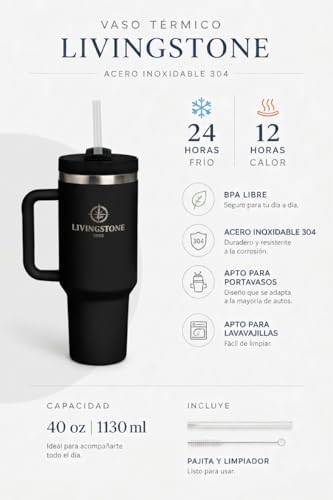 Livingstone1855 Vaso térmico 1.2L, Mantiene 24h Frío / 12h Calor, Termo Acero Inoxidable 304 con Asa y Pajita, Antifugas, Taza térmica grande Reutilizable, Sin BPA, Ideal Gimnasio, Oficina y Viaje