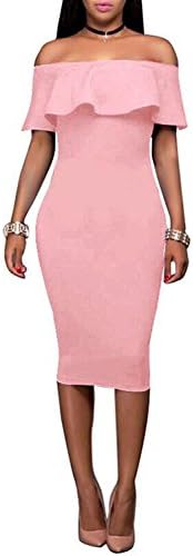 Wonderoy Women's Ruffles Off Shoulder Fitted Club Party Cocktail Bodycon Midi Dress M Pink