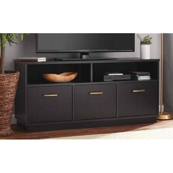Amazon Com Tv Stand For 50 Inch Tv Black Wood With 3 Cabinet And Shelves Display Your Tv In Style Furniture Decor