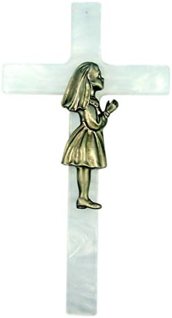 First Communion Pewter Praying Girl Pearlized Wall Cross, 7 Inch