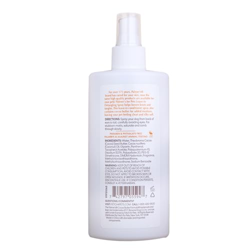 PALMER’S FOR PETS DETANGLING & CONDITIONING SPRAY WITH COCOA BUTTER 8 FL OZ; LEAVE-IN DOG CONDITIONER WITH VITAMIN E AND COCOA BUTTER, DE-MATTING SPRAY FOR DOGS
