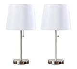 Kings Brand Algoa Brushed Nickel with White Fabric Shade Table Lamps, Set of 2
