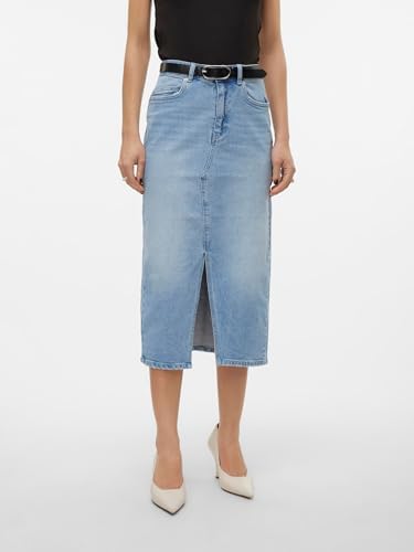 Gonna in Denim Lunghezza al Polpaccio con Spacco 5 Tasche Maxi Skirt, Colore:Azzurro, Taglia:S