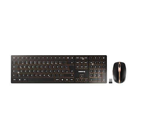 CHERRY DW 9100 Slim, Kabelloses Tastatur- und Maus-Set, Deutsches Layout (QWERTZ), Bluetooth & 2,4 GHz Funk, Leise Tasten, Wiederaufladbar, Schwarz-Bronze