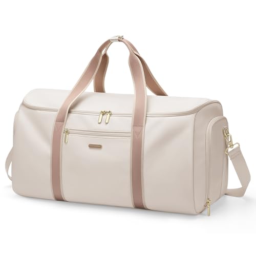 2 in 1 Convertible Travel Bag for Women Clothes Bag Foldable Sports Bag for Business Trips and Weekend Getaways (Off White)