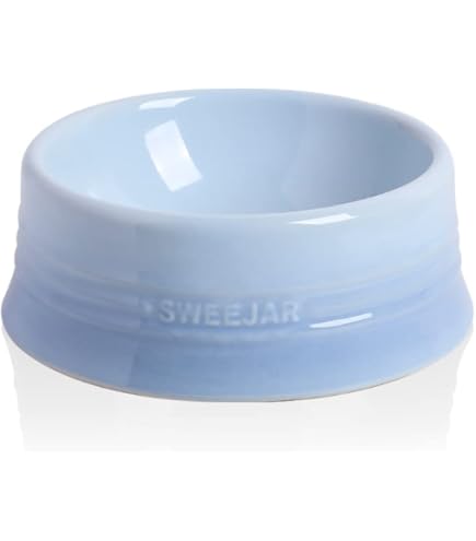 French Blue Ceramic Pet Bowl - Small 5" Diameter, 12 Oz Capacity, "WOOF" Text, Dishwasher Safe