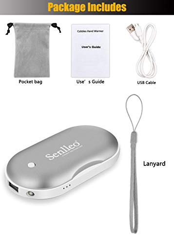Senlleo Hand Warmer, Rechargeable Hand Warmer : 5200mAh Battery Hand Warmer/Powerbank with Mini Flashlight Function, Double-Sided Warmer Winter Gift for Girl/Men/Women(Silver)