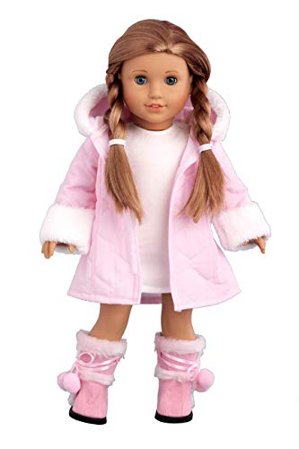 DreamWorld Collections - Cotton Candy - 3 Piece Outfit - Pink Parka With Hood, Ivory Dress and Pink Boots - Clothes Fits 18 Inch American Girl Doll (Doll Not Included)