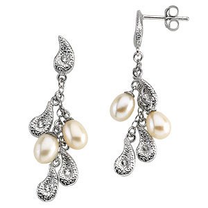 Tear Drop Pearl Earrings in Hypoallergenic Rhodium Plate Sterling Silver.