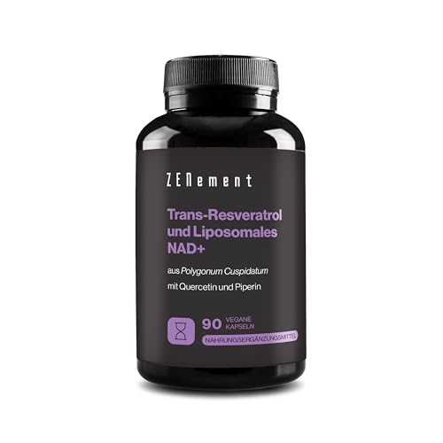 Trans-Resveratrol & NAD+ Liposomal, mit Quercetin und Piperin, 580 mg pro Kapsel, 90 Kapseln – Anti-Aging und Sirtuin-Aktivator – Zenement