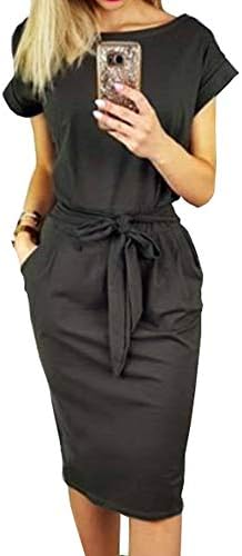 Women's Casual Short Sleeve Front Slit Summer Mid-Calf Dress Sexy Solid Party Dress with Belt