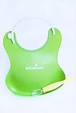 2 Pack Silicone Baby Bibs with BONUS Silicone Spoon and Recipes! Soft, Waterproof, Easy to Wash in Green and Yellow.