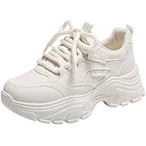 Netehadi Chunky Sneakers for Women Fashion Platform White Leather Casual Dad Shoes Comfortable Non-Slip Wedge Walking Sport Driving Workout Shoes