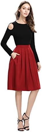 HIKA Women's Retro High Elastic Waist Flare Pleated A-line Midi Skirt