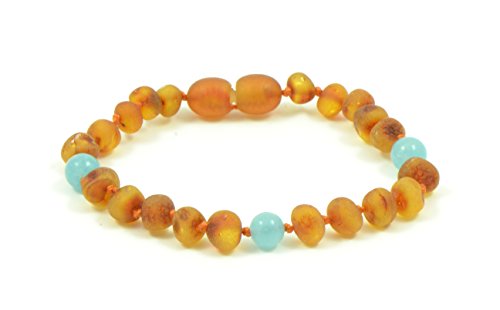 Baltic Amber Teething Bracelet / Anklet Mixed with Semi Precious Stones - Hand-Made from Certified Natural Baltic Amber Beads (5.5 inches (14 cm, Raw Cognac / Aquamarine)