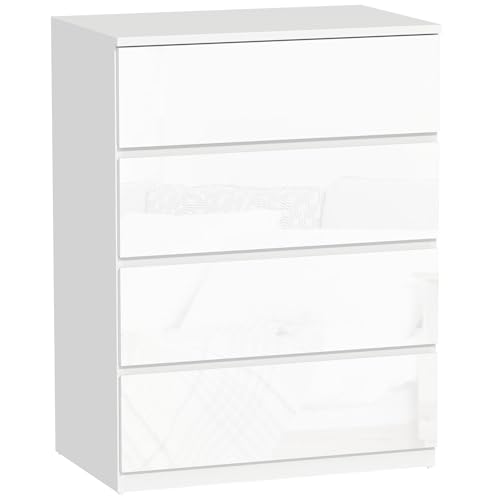 HOMCOM Dresser for Bedroom with 4 Drawers, High Gloss Chest of Drawers with Metal Runners and Groove Handles for Living Room, Hallway, White