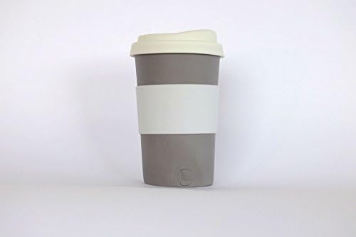 grey handmade to-go / travel cup for home, car or coffee shop use. Silicone lid and cuff, porcelain body. dishwasher proof. 12-14 oz.