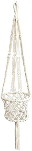 4 Legs Macrame Cotton Plant Holders with Bamboo Ring Inside with White Wood Bead Decoration .White Color, 36-inches Length (Without the Pot and Plant)