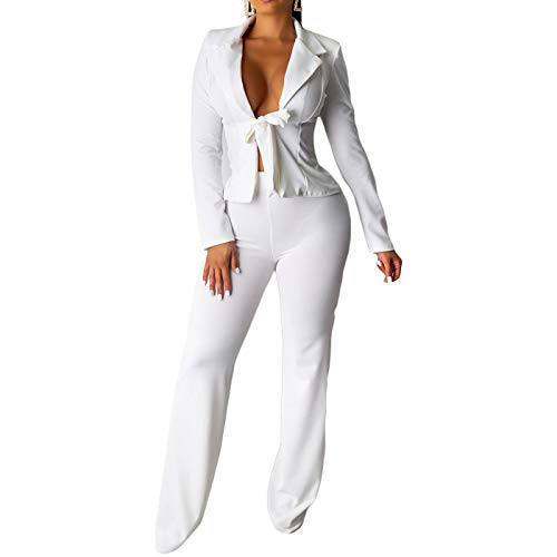 Tracksuit Women Long Sleeve Blazer Jacket Coat and Pants 2 Piece Set Suit Slim Fit Bussiness Coat and Pants Set 3-Y5-White Medium - Thumbnail 4