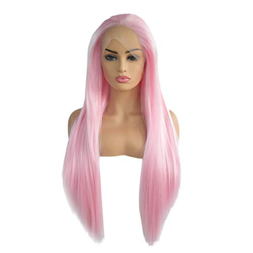 Binmer (TM) Pink+White Straight Pink White Wig Full Lace Wigs Women Cosplay Party Costume Long Hair Lace Front - Thumbnail 2