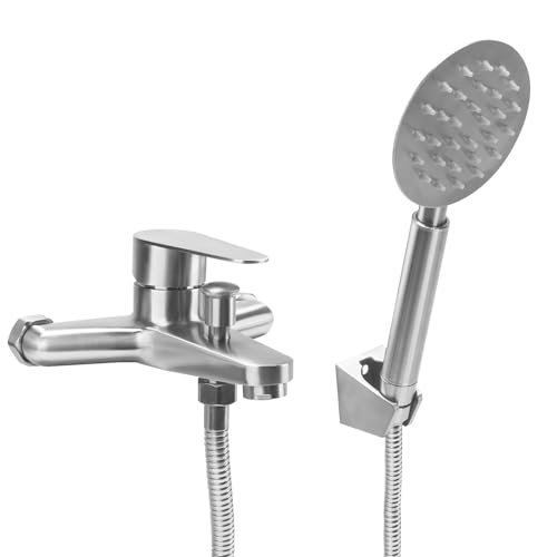 FALSKT Bath Tap with Hand Shower, Stainless Steel Bathtub Mixer, Wall Mounted Single Lever Shower Tap, Outdoor Shower Mixer Tap for Bathrooms, Tubs, Silver
